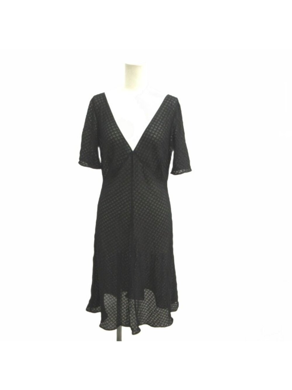 Fendi Sheer Block Check Dress V-neck Black Knee-Length Short Sleeve 44